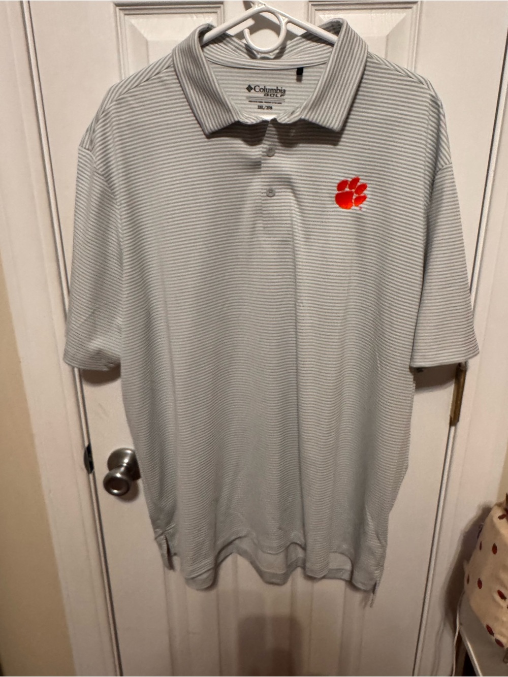 Columbia Men’s Light Gray Striped Polo with Orange Paw Emblem